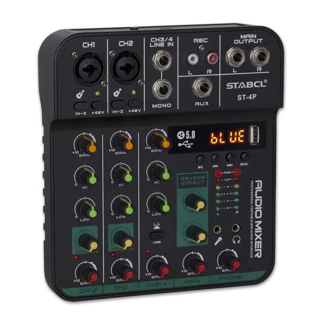 4 Channel Audio Mixer Board, Sound Board Mixing Console with Digital USB Bluetooth 48V Phantom Power and Echo, Small Sound Mixer Interface for Pc, DJ Mixer for Podcasting