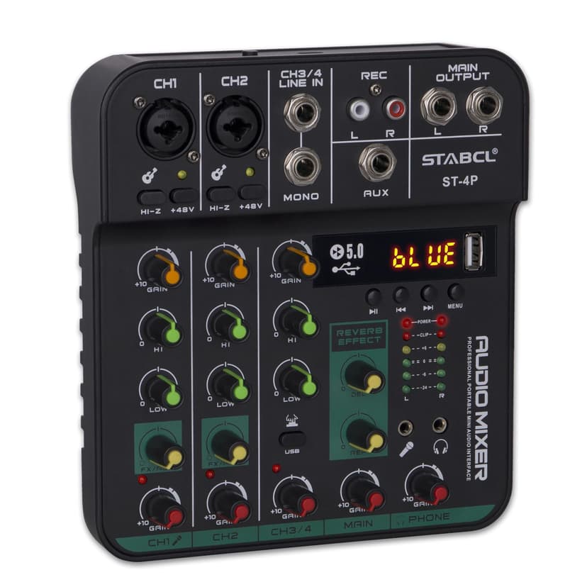 4 Channel Audio Mixer Board, Sound Board Mixing Console with Digital USB Bluetooth 48V Phantom Power and Echo, Small Sound Mixer Interface for Pc, DJ Mixer for Podcasting
