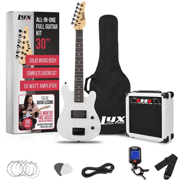 LyxPro 30 Inch Electric Guitar and Starter Kit for Kids with 3/4 Size Beginner’s Guitar, Amp, Six Strings, Two Picks, Shoulder Strap, Digital Clip On Tuner, Guitar Cable and Soft Case Gig Bag - White