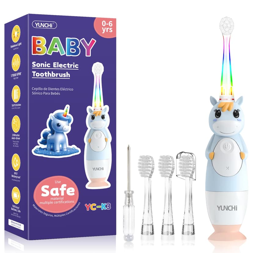 YUNCHI Toddler Electric Toothbrush Kids 0-3-6 Years, Baby Electric Toothbrush with Colorful LED Light, Battery Powered Toddler Toothbrush with 2 Minutes Timer 4 Brush Heads, Infant Toothbrush (Blue)