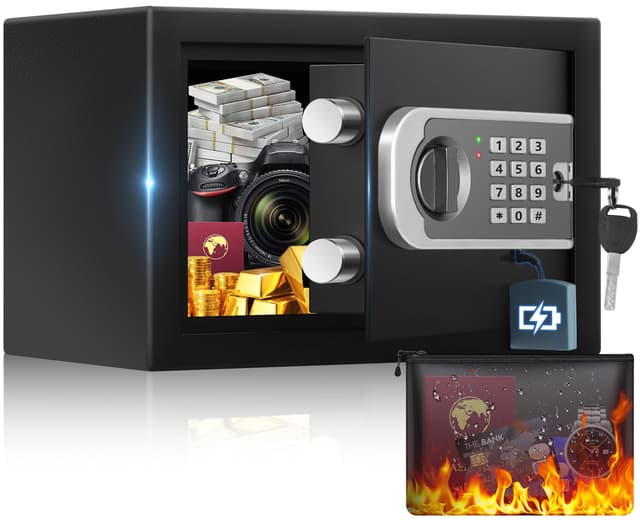 [UPGRADED] Small Safe Box for Home, 0.30 Cuft Mini Safes with Fireproof Waterproof Bag, Digital Money Safe with Programmable Keypad Spare Keys, Security Cash Box for Money Valuables