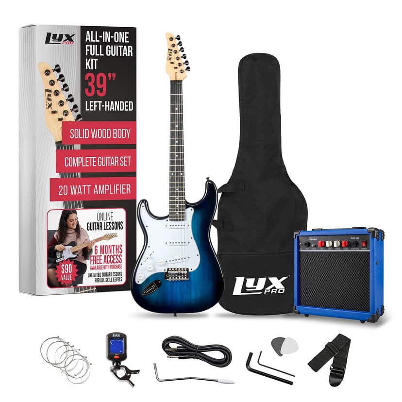 LyxPro Left Hand 39 Inch Electric Guitar and Starter Kit for Lefty Full Size Beginner’s Guitar, Amp, Six Strings, Two Picks, Shoulder Strap, Digital Clip On Tuner, Cable and Soft Case - Blue