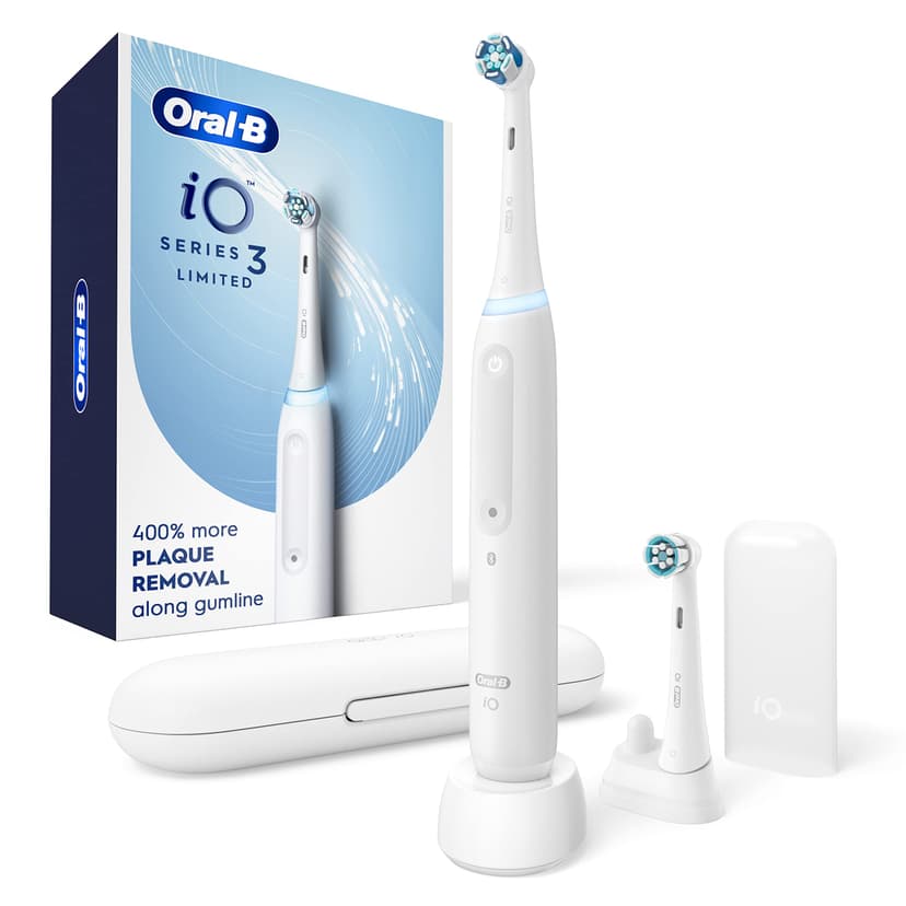 Oral-B iO Deep Clean Rechargeable Electric Toothbrush, White, iO Series 3 Limited, 2 Brush Heads, Travel Case, Pressure Sensor, 3 Cleaning Settings, 2-Minute Timer
