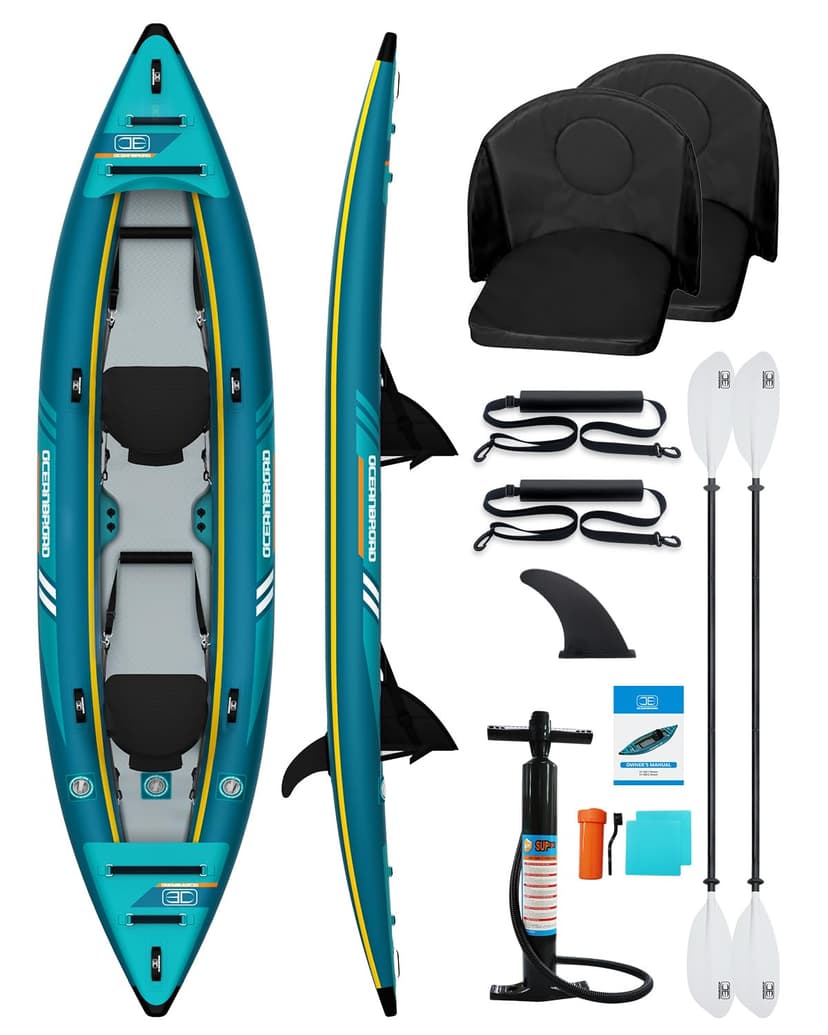 OCEANBROAD V1-420 Inflatable Sit-in Kayak(NO HIN) for Adults with Paddle, Kayak Seat, Pedal, Hand Pump and Bag, 4.2m/13ft 2-Person Kayak, Blue