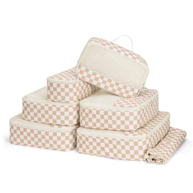 Narwey 7 Set Checkered Packing Cubes for Travel Carry on Suitcase Luggage Organizer Bags for Kids Women Men, Durable Packing Organizers Bag, Travel Essentials Accessories (Light Checkerboard)