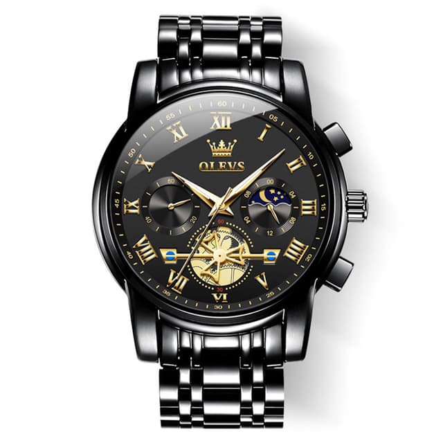 OLEVS Black Watches for Men Casual Fashion Big Face Man Watch Luxury Analog Quartz Men's Wrist Watch Elegant Waterpoof Stainless Steel Multifunction Chronograph Moon Phase Mens Watches