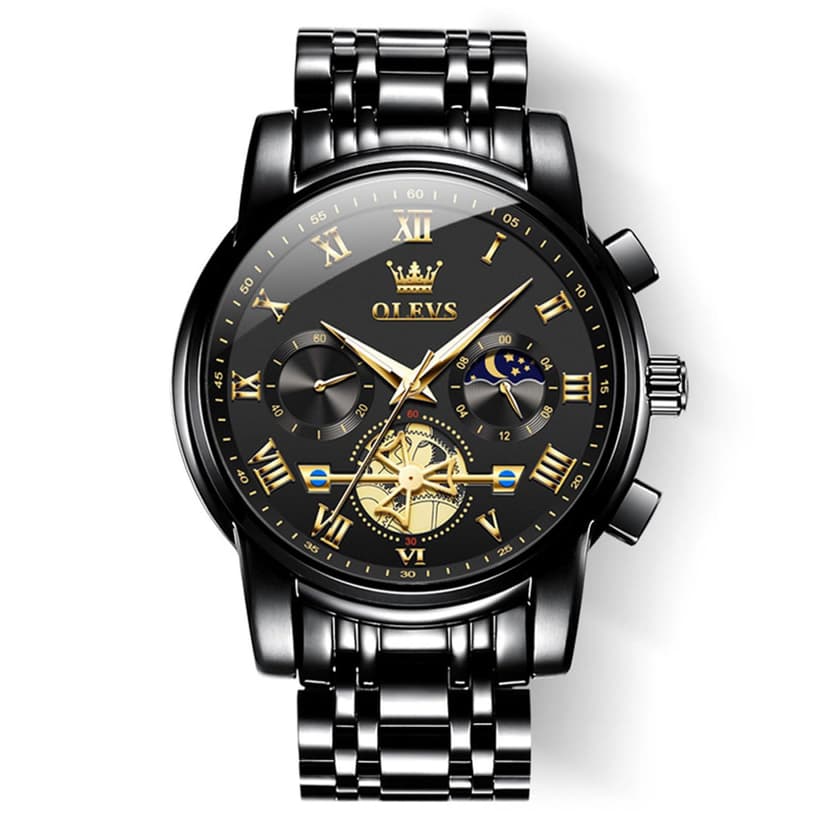 OLEVS Black Watches for Men Casual Fashion Big Face Man Watch Luxury Analog Quartz Men's Wrist Watch Elegant Waterpoof Stainless Steel Multifunction Chronograph Moon Phase Mens Watches