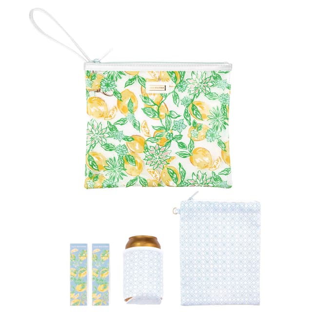 Lilly Pulitzer Water Resistant Vinyl Beach Day Pouch, Zipper Bag Includes Drink Hugger, Small Pouch, and Towel Clips, Make Lemonade