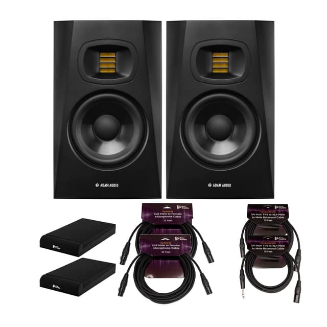ADAM Audio T5V 5-Inch Powered Studio Monitor (2-Pack) Bundle with Isolation Pads, 1/4-Inch TRS to XLR Male to Male Balanced Cable (10-Feet, 2-Pack) and 25-Feet XLR Cable (6 Items)
