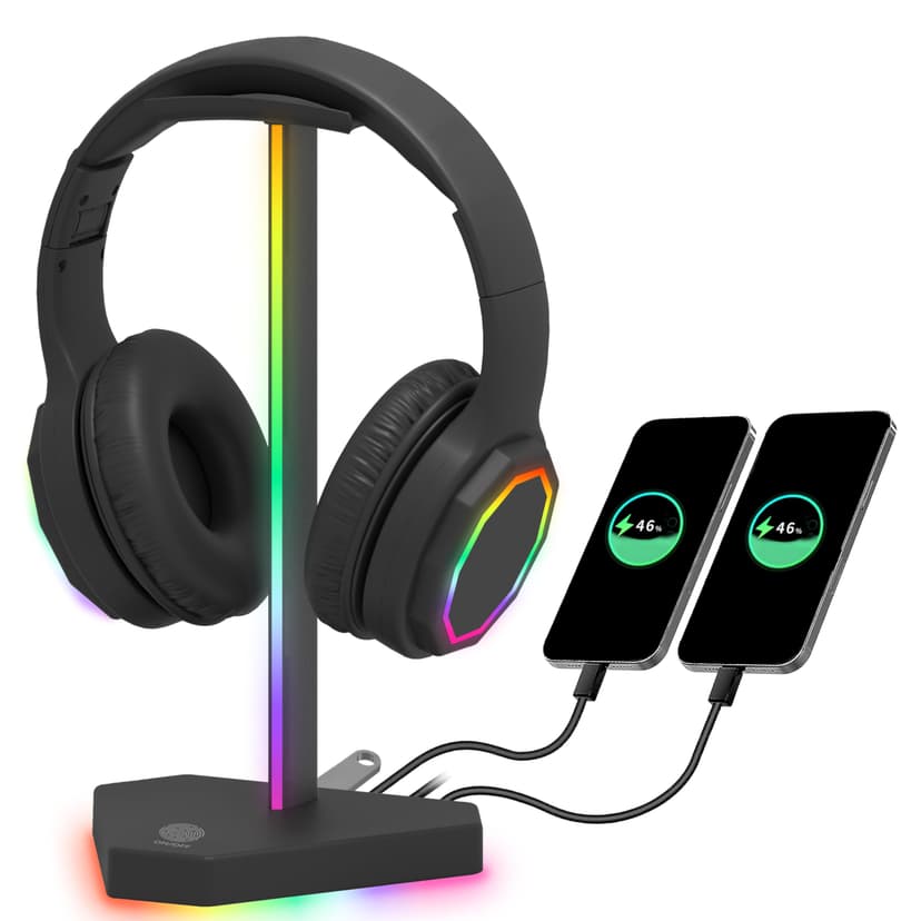 RGB Headphones Stand with 1 USB-C Data Transmission& 3 Type-C Charging Port, Desk Gaming Headset Holder with 7 Light Modes and Non-Slip Rubber Base (Black)