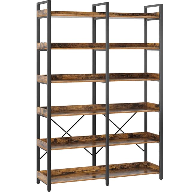 Seventable Bookshelf 6 Tier with 4 Hooks, 67” Industrial Wooden Bookcase, Vintage Storage Rack with Open Shelves, Rustic Standing Bookshelves Metal Frame 43.3” Wide Display Rack, Rustic Brown