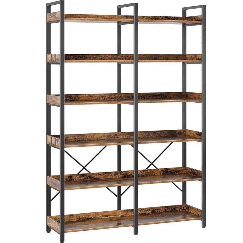 Seventable Bookshelf 6 Tier with 4 Hooks, 67” Industrial Wooden Bookcase, Vintage Storage Rack with Open Shelves, Rustic Standing Bookshelves Metal Frame 43.3” Wide Display Rack, Rustic Brown