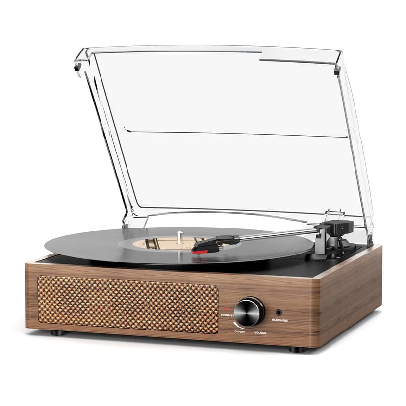 Record Player for Vinyl with 2 Build-in Speakers LP Vinyl Players Belt-Driven Vintage Turntables 3 Speed 3 Size, Wireless Bluetooth Playback, AUX-in,RCA Out, Headphone, Auto Stop Wood