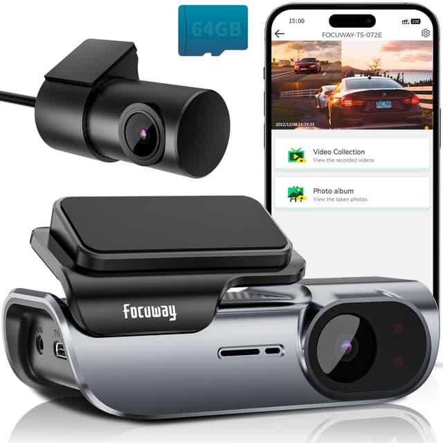 FOCUWAY 4K Front and Rear Dash Cam: Fast 5GHz WiFi & Hands-Free Voice Control, Compact Hidden Design, 24/7 Parking Mode Recording, Supercapacitor & Type-C, Free 64GB Card, Super Night Vision