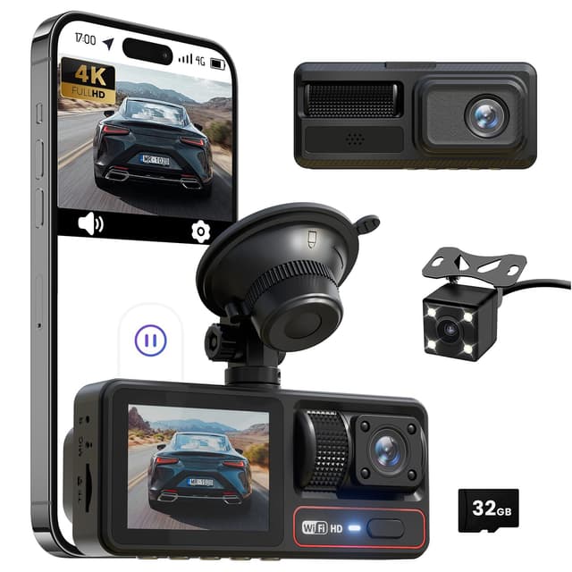 3 Channel Dash Camera for Cars,Triple Lens 4K+1080P+1080P Dash Cam Front Rear Inside,Built-in 5G WiFi & App, Night Vision,24H Parking Mode,Loop Recording,170° Wide Angle,32GB Card Included(Black)
