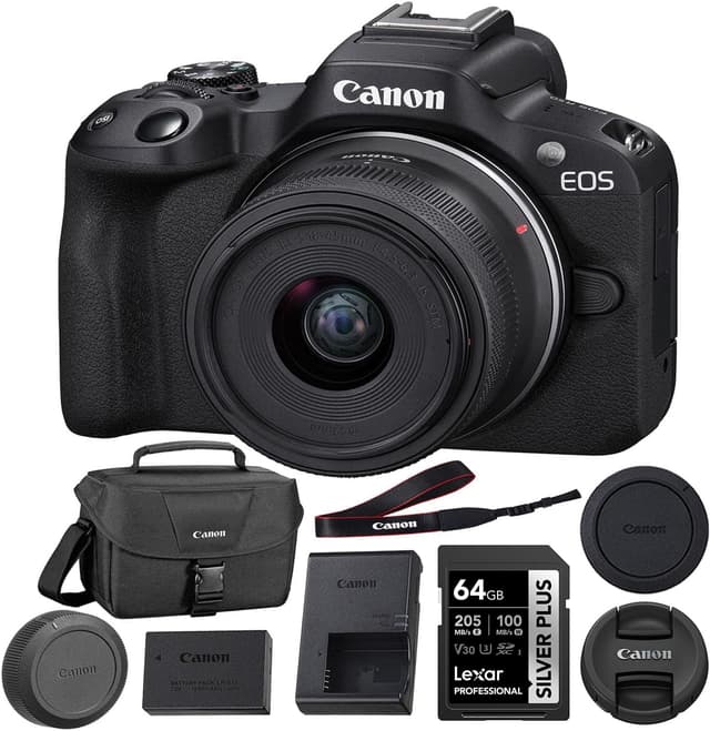 Canon EOS R50 Mirrorless Camera with 18-45mm Lens (Black) Bundle with 64GB Memory Card + Canon 200ES EOS Shoulder Bag (3 Items)