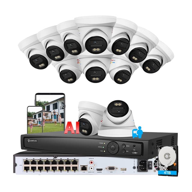 Anpviz 12MP 16CH PoE Security Camera System, 16 Channel Commercial NVR with 4TB HDD and 12X12MP Turret Wired Cameras @10fps Smart Dual Light, AI Human Vehicle Detection, Metal, IP67, CCTV for Business