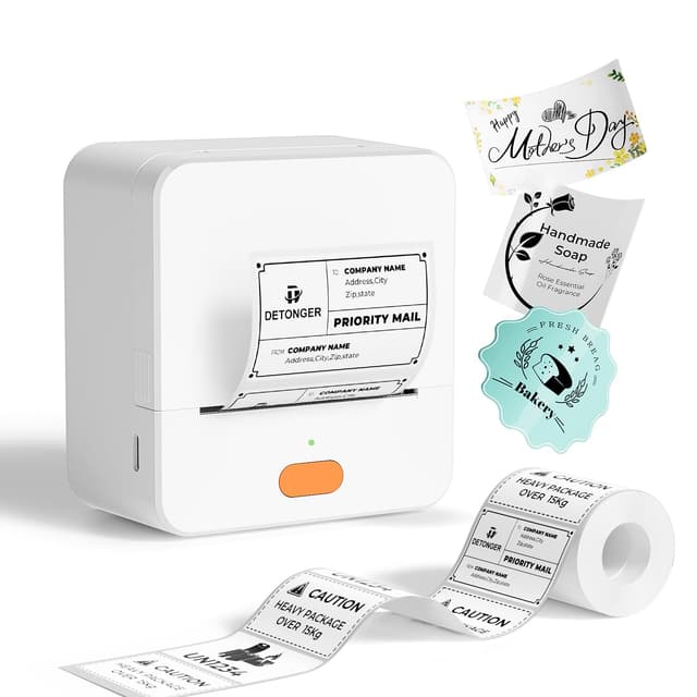 DETONGER Label Maker Machine P1 2 Inch Thermal Printer Portable Bluetooth Shipping Label Printer Sticker Maker Labeling Machine Home Office School Business Use Rechargeable White