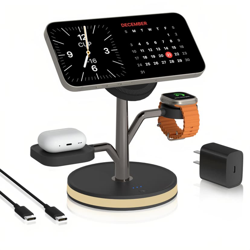 3 in 1 Charging Station for Apple Devices, Fast Charging Magsafe Charger Stand with LED Light and 20W PD Adapter, Wireless Nightstand Charger for iPhone17/16/15/14/13/12 Series,AirPods,iWatch and More