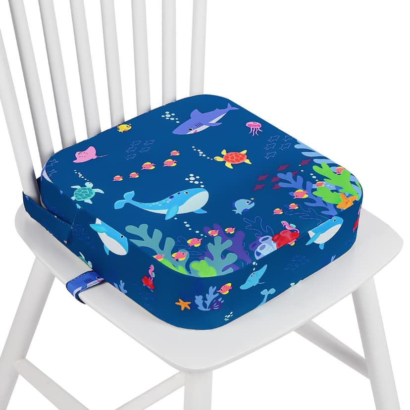 wooshwa Toddler Booster Seat for Dining Table, Kids Booster Seat for Kitchen Chair with Non-Slip Bottom, Portable Detachable Washable Increasing Cushion with 2 Adjustable Straps (Marine Animals)