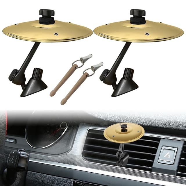 2 Pack Car Cymbal Air Vent, Mini Car Drum Set with Stick, Fun Musical Car Accessory for Drummers & Music Lovers, Durable Cymbal for Car Vent, Fits Most Vehicles (Gold)
