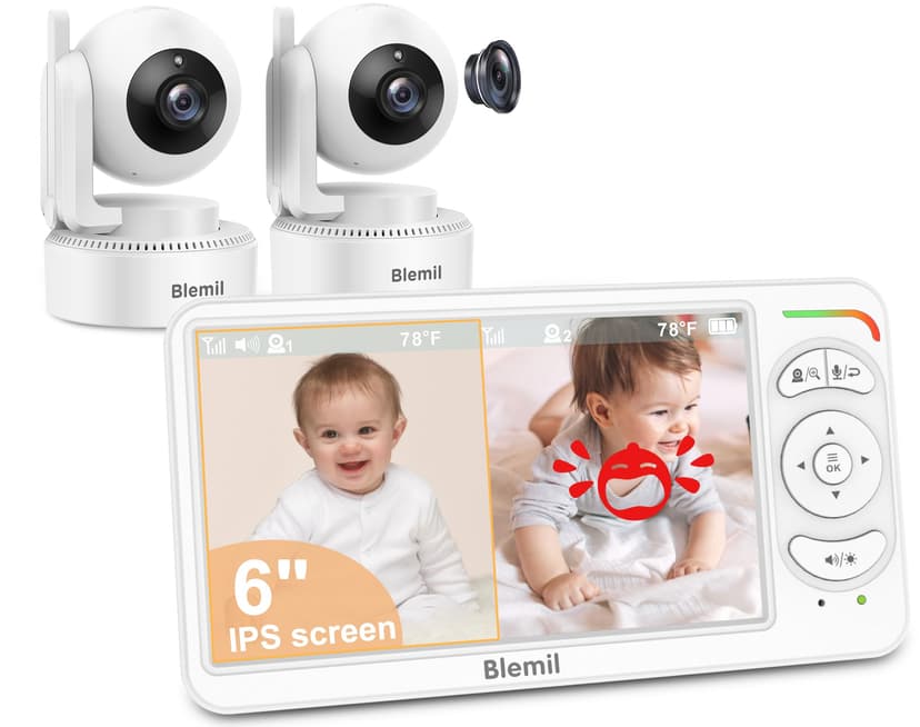Blemil 6" Baby Monitor with 2 Cameras 4000mAh Battery Upgrade Split Screen Video Baby Monitor No WiFi Remote Pan-Tilt-Zoom Auto-Night Vision 150 Languages ECO Mode 2-Way Talk 1000FT (Ideal Condition)