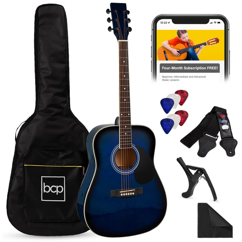 Best Choice Products 41in Full Size Beginner All Wood Acoustic Guitar Starter Set w/Gig Bag, Strap, Capo, Strings, Picks - Blue