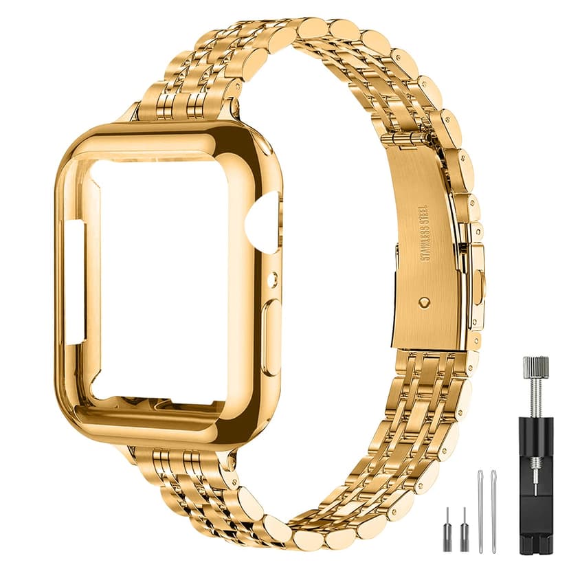 QUNDAXI Slim Watch Band Compatible with Apple Watch 42mm 46mm Metal Stainless Steel Watchband Suitable for iWatch series 10 Women Luxury Strap (Gold, Series 10 42mm)