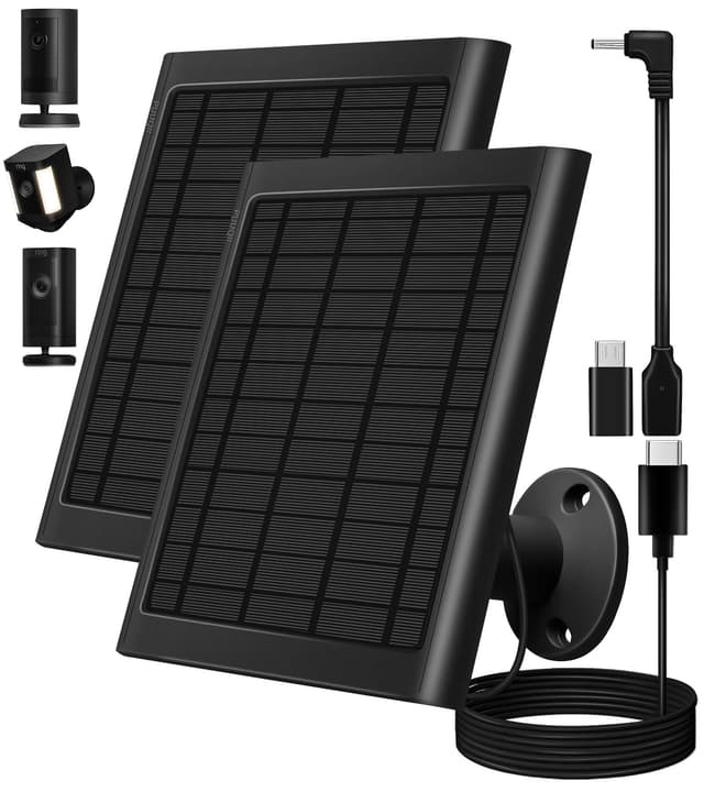 8W Solar Panel for Ring Camera, 2-Pack Solar Panel Charger Compatible with Ring Stick Up Cam Battery, Spotlight Cam Battery, Includes Barrel Plug to USB-C Adapter, IP65 Waterproof, 10ft Cable
