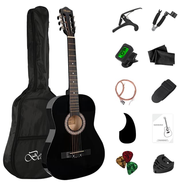 BESYOU 38in Beginner Guitar Acoustic Guitar Basic Starter Kit Tuner Capo Strings Winders Strap Picks Student Kids Adults Guitar Pickguard with Gig Bag