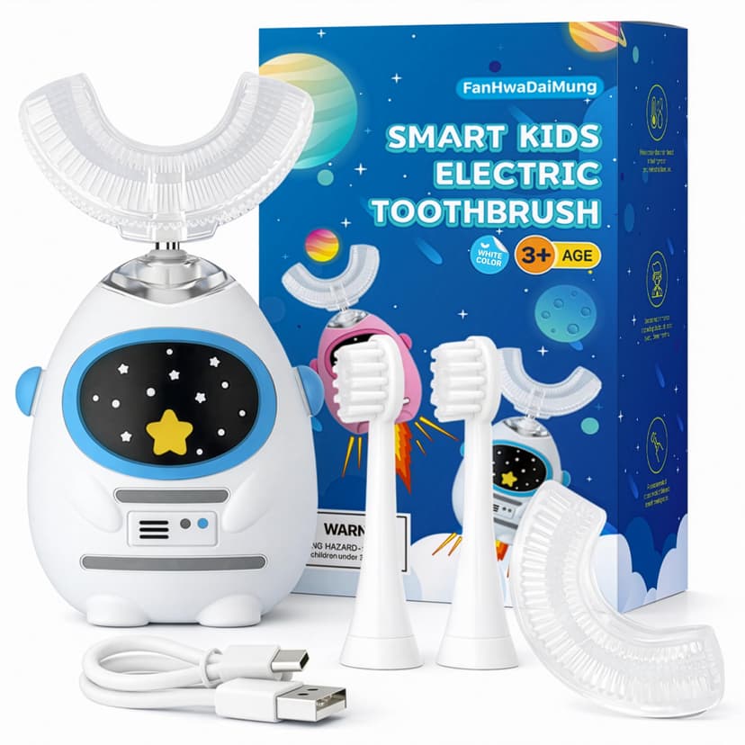 FanHwaDaiMung Kids U-Shaped Electric Toothbrush, Voice Guidance & Music Guided Brushing, 4 Brush Heads, 3 Modes, 360° Gentle Silicone, Type-C Charging, for Ages 3-12 (Heroic White)