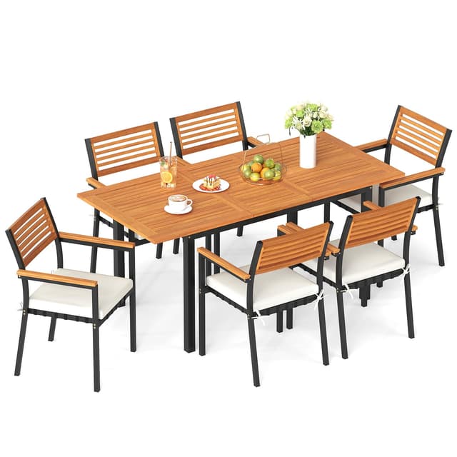 Tangkula 7 Piece Patio Dining Set, Outdoor Acacia Wood Cushioned Chairs and 51”-64” Expandable Rectangular Table Set, with Umbrella Hole, 6 Stackable Armchairs, for Poolside Garden (Off White)
