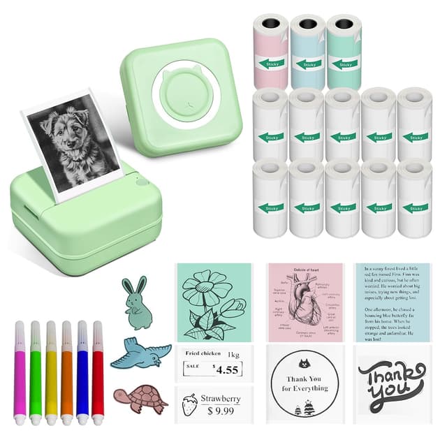 Aptika Mini Printer - Portable Sticker Maker with 14 Rolls Self-Adhesive Thermal Papers, Inkless Label Maker Machine for Study Anatomy Graphics Photos Address, Green