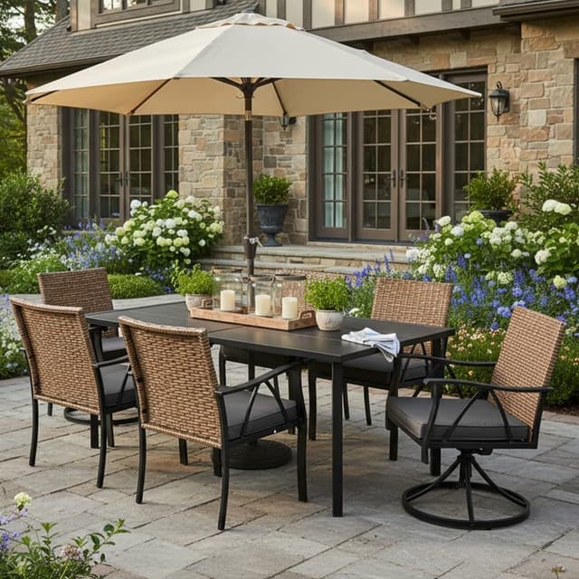 Andehomy 7-Piece Patio Dining Set for 6, Outdoor Dining Set with Wicker Swivel Patio Dining Chairs with Cushions & Black Rectangular Woodgrain Dining Table with 1.75”Umbrella Hole, Black & Brown
