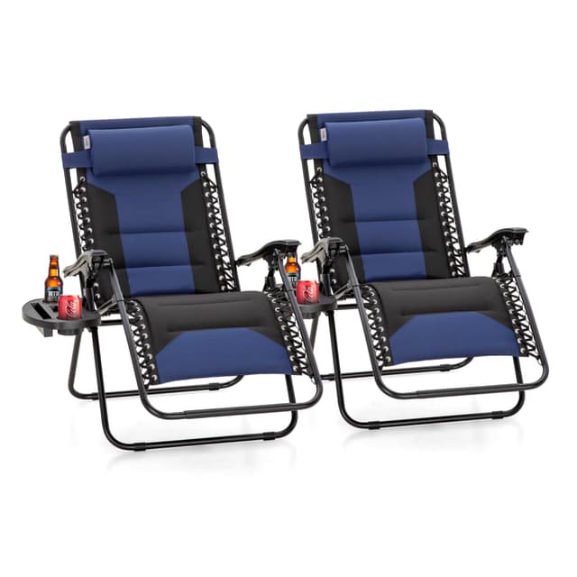PHI VILLA XXL Oversized Padded Zero Gravity Chair Set of 2, Foldable Patio Recliner, 28" Wide Seat Anti Gravity Lounger with Armrest and Cup Holder, Support 400 LBS (Blue Black)