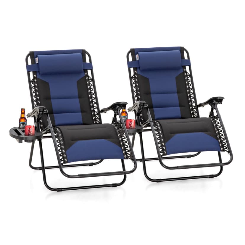 PHI VILLA XXL Oversized Padded Zero Gravity Chair Set of 2, Foldable Patio Recliner, 28" Wide Seat Anti Gravity Lounger with Armrest and Cup Holder, Support 400 LBS (Blue Black)