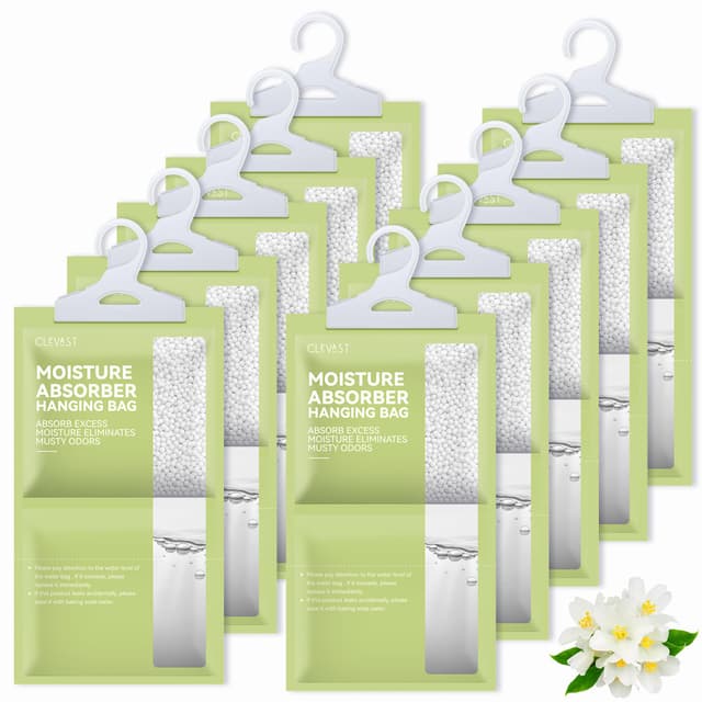 CLEVAST Moisture Absorbers Packets 10 Pack, Dehumidifier Bags for Closet, Scented Hanging Humidity Absorber in Wardrobes, Bedrooms, Bathrooms (Jasmine)