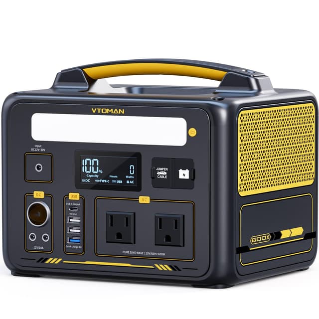 VTOMAN Jump 600X Portable Power Station 600W, 299Wh Solar Generator LiFePO4 Battery Power Station with Jump Start for Car, 1200W AC Outlet, PD 60W USB-C, 3x Regulated 12V/10A DC for Camping, RV Travel