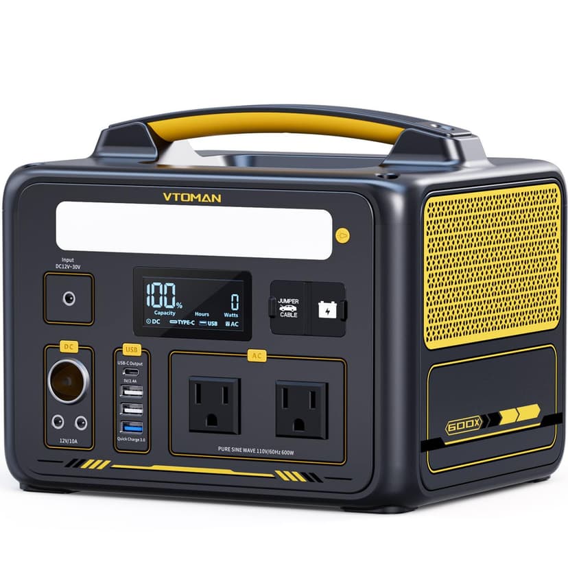 VTOMAN Jump 600X Portable Power Station 600W, 299Wh Solar Generator LiFePO4 Battery Power Station with Jump Start for Car, 1200W AC Outlet, PD 60W USB-C, 3x Regulated 12V/10A DC for Camping, RV Travel