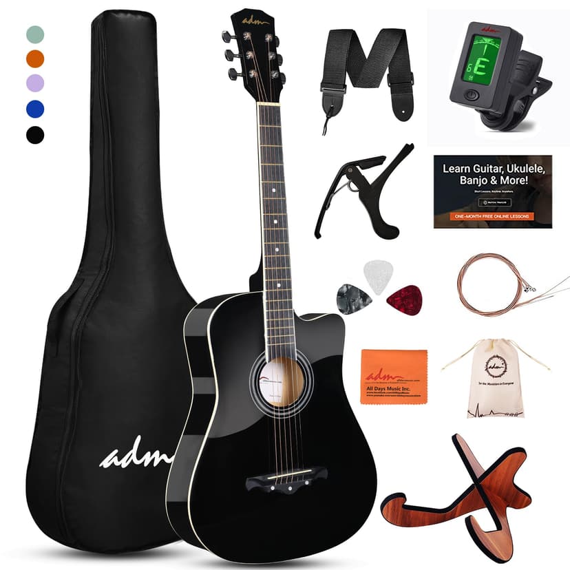 ADM 38" Inch Acoustic Guitar Bundle for Beginners Adults with Online Lesson, Cutaway Wood Acustica Guitarra Starter Set Package with Gig Bag, Strap, Steel Strings, Picks, Capos, Stand, Black 1