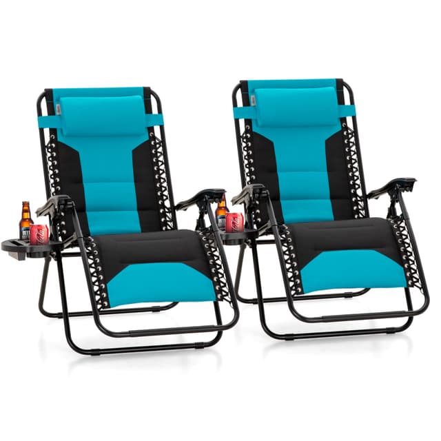 Sophia & William Oversized Zero Gravity Chair Set of 2 Padded, Folding Lounge Chair with Wide Armrest and Cup Holder, Support 400 LBS, Aqua Blue