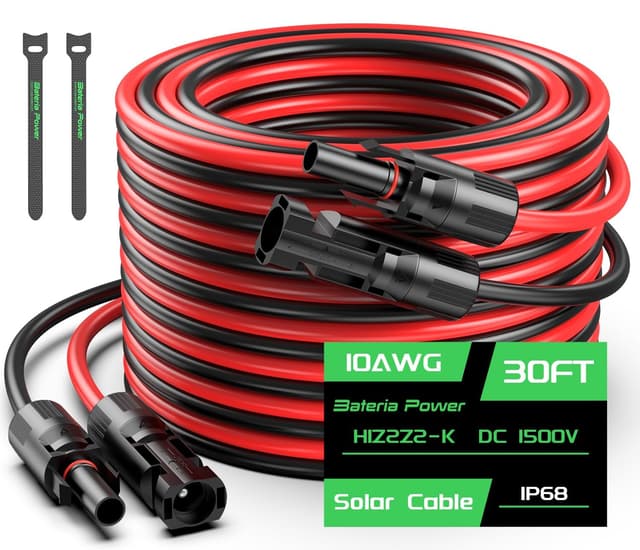 30FT 10AWG Solar Panel Extension Cable, Bateria Power 6mm² Solar Extension Cable Wire with Female & Male Waterproof Connectors for RV, Photovoltaic Systems