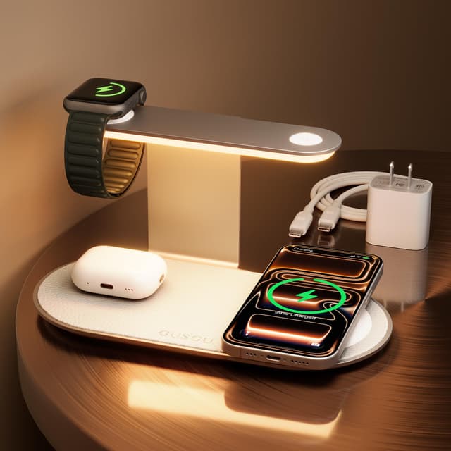 GUSGU 3 in 1 Charging Station for MagSafe Wireless Charger with Three-Level Night Light, 15W Max Fast Charging for iPhone 17/16/15/14/13/, Apple Watch Series 2-11/SE 3/ Ultra 3, AirPods Pro 3-Gray