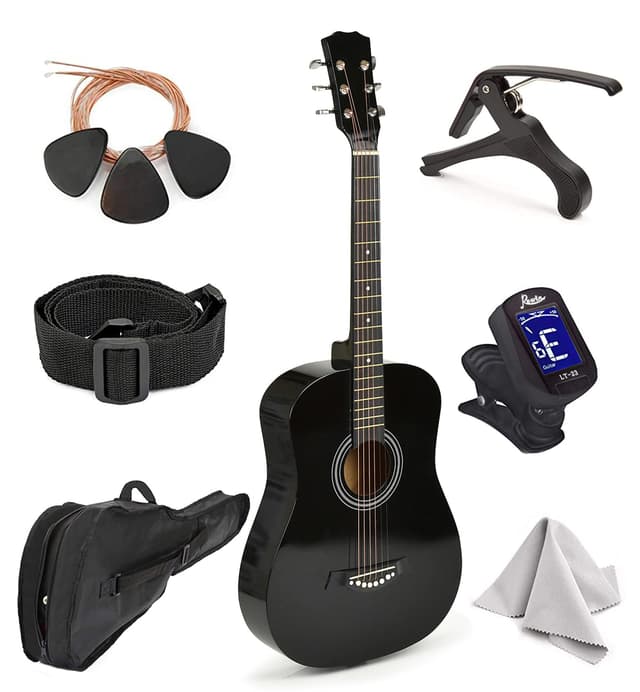 Left Handed Acoustic Guitar For Kids By MasterPlay- 30” Beginner Guitar For Learners- Accoustic String Starter Kit: Guitar Bag, Tuner, Strap, Extra Strings, Picks, Wash Cloth, Capo (Black)