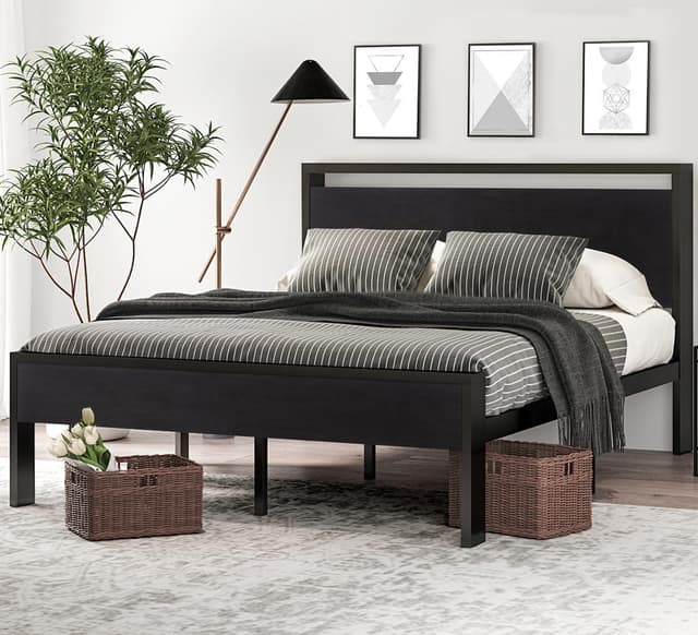 SHA CERLIN 14 Inch Queen Size Metal Platform Bed Frame with Wooden Headboard and Footboard, Mattress Foundation, No Box Spring Needed, Large Under Bed Storage, Non-Slip Without Noise, Black Oak