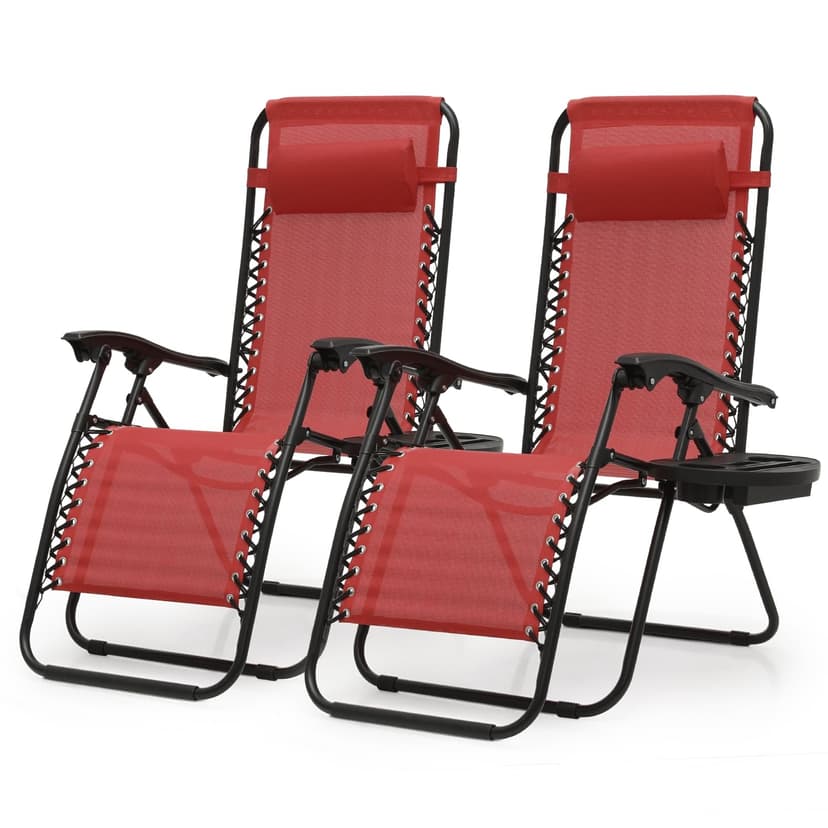 OS MOTOR Zero Gravity Chairs, Portable Folding Reclining Lounge Chairs with Adjustable Pillow and Cup Holder Trays for Outdoor, Patio, Beach, Camping, Garden, Poolside, Set of 2 Wine Red