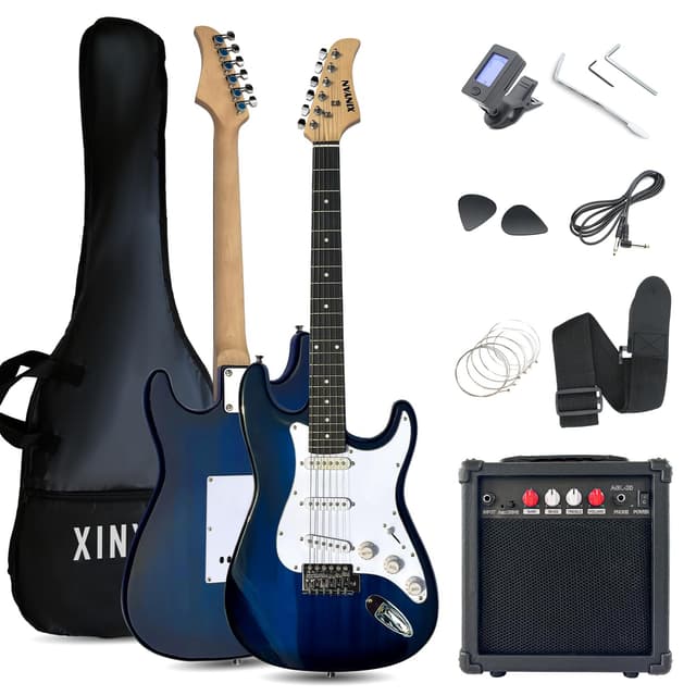 XINYAN 39in Full Size Beginner Electric Guitar Starter Kit w/Case, Strap, 20W Amp, Strings, Pick, Tremolo Bar (Blue Guitar)