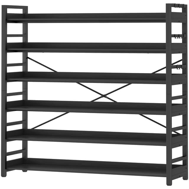 HCHQHS 6 Tier Bookshelf, Adjustable Industrial Bookcase, Vertical Tall Book Shelf, Wood and Black Metal Open Bookshelves for Home Office, Living Room, Bedroom