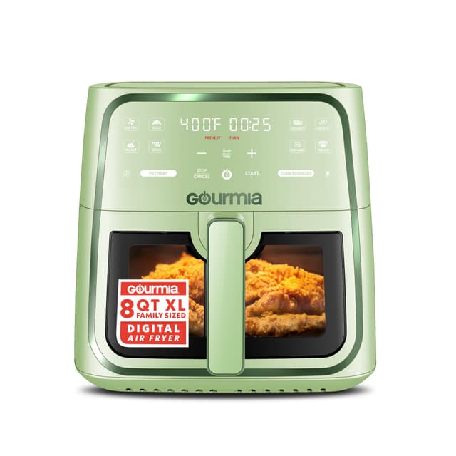 Gourmia 8 Qt Air Fryer, 8 Presets with Digital Display, FryForce 360° Technology, Easy View Window & Interior Light, Dishwasher Safe Basket, Green