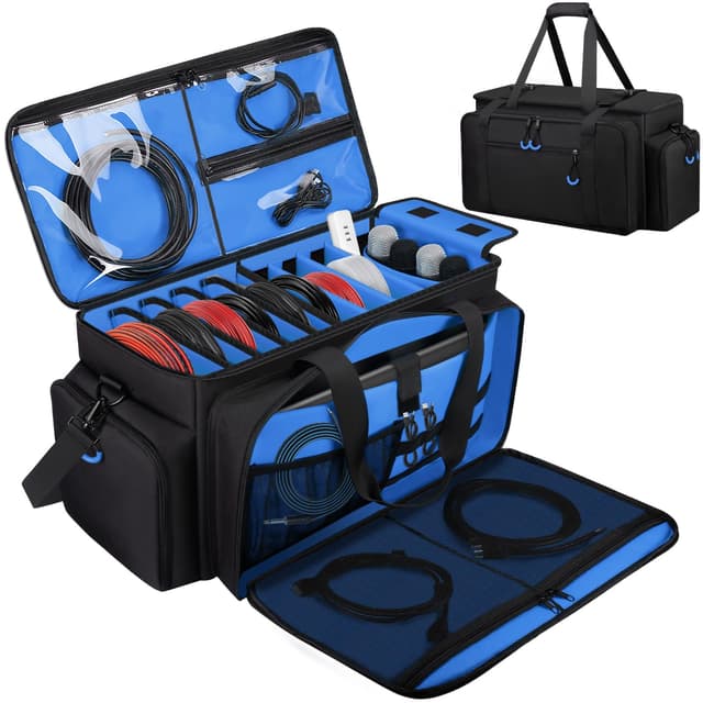 Wigojoy Large Dj Cable Bag with Laptop and Microphone Pocket, Dj Bag for Equipment and Music Accessories with Detachable Dividers, Bottom Pad, Dj Gig Bags for Musicians, Professional, Travel, Blue